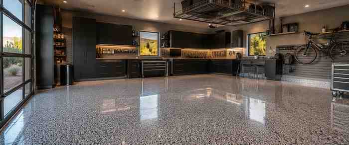 Luxury Arizona garage interior with premium decorative garage floor coating and custom storage cabinets