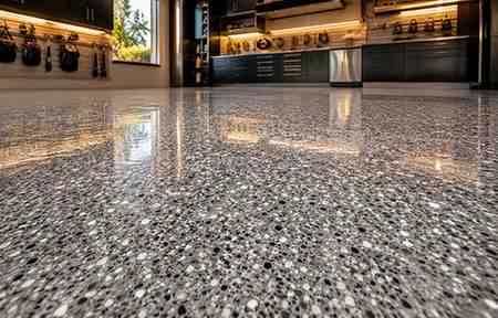 Premium decorative garage floor coating in Arizona with UV-resistant polyaspartic flake finish