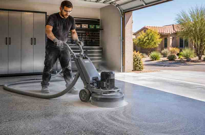 Professional contractor diamond grinding a residential garage floor for polyaspartic garage floor coating in Arizona