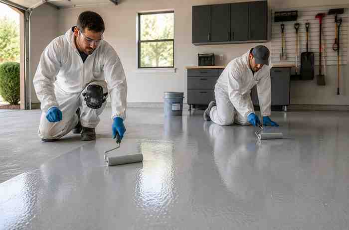 Two flooring technicians applying polyaspartic garage floor coating with paint rollers in a residential Arizona garage
