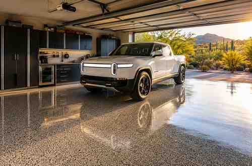 UV-resistant polyaspartic garage floor coating in Arizona inside a modern luxury garage