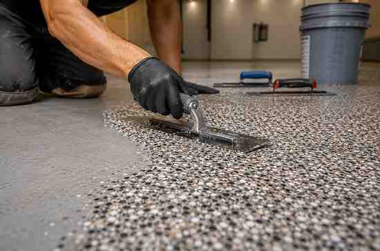 Worker applying decorative epoxy flake coating with a trowel on a residential garage floor in Arizona